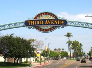 Downtown Chula Vista sign on Third Avenue, a vibrant area to buy a home in San Diego.