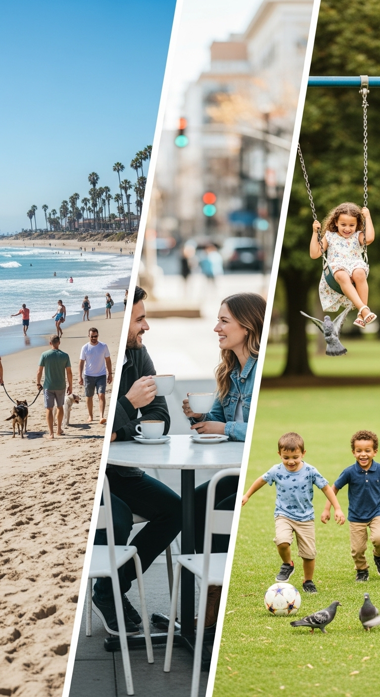 Collage showing the best areas to live in San Diego with people walking along the beach, enjoying coffee outdoors, and children playing in a park
