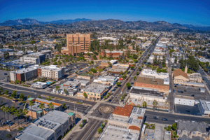 Aerial view of downtown La Mesa, California, showing a walkable neighborhood in East County San Diego ideal for those looking to buy a home in San Diego