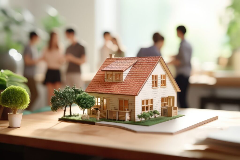 Model house with clients – San Diego real estate agent Model house on table with people in background, illustrating San Diego real estate agent services