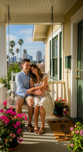 Happy Couple on Porch – El Cajon Real Estate Agents Happy couple sitting on the porch of their new home in El Cajon, assisted by experienced El Cajon real estate agents.