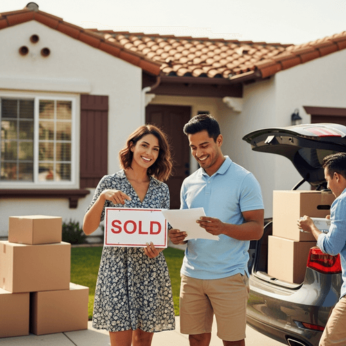 Happy couple standing in front of their San Diego home holding a sold sign after a successful sale